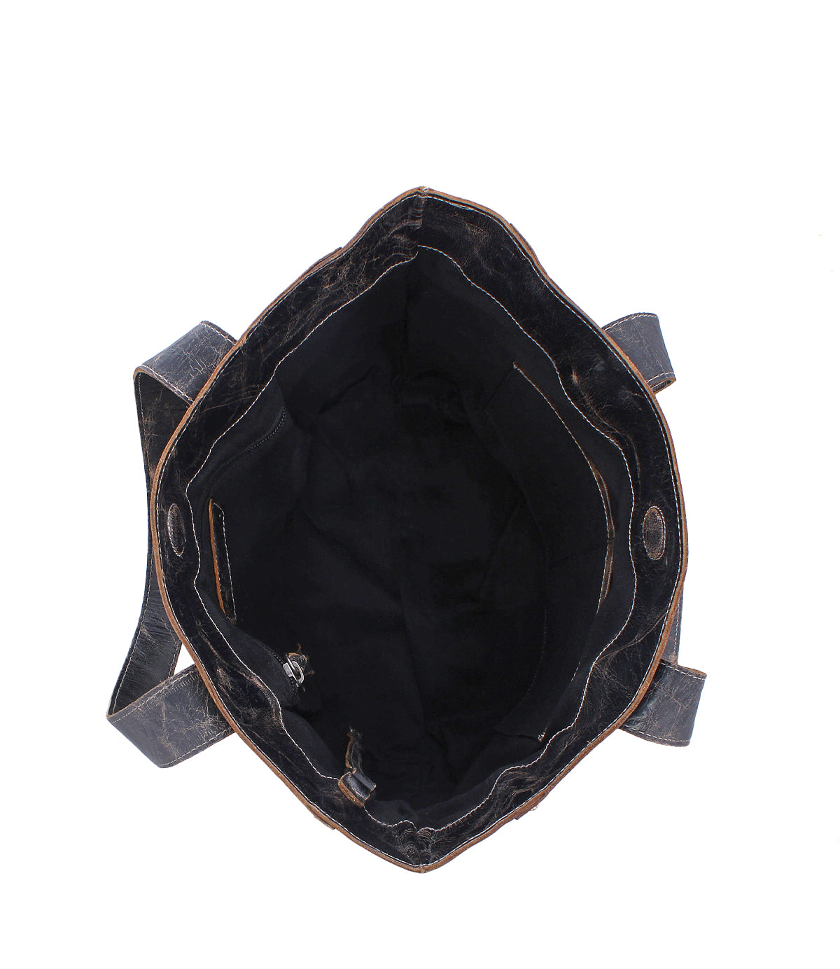Top view of the Bed|Stü Stevie tote bag in dark vintage leather, featuring visible inner pockets and a shoulder strap—perfect for your everyday carry.