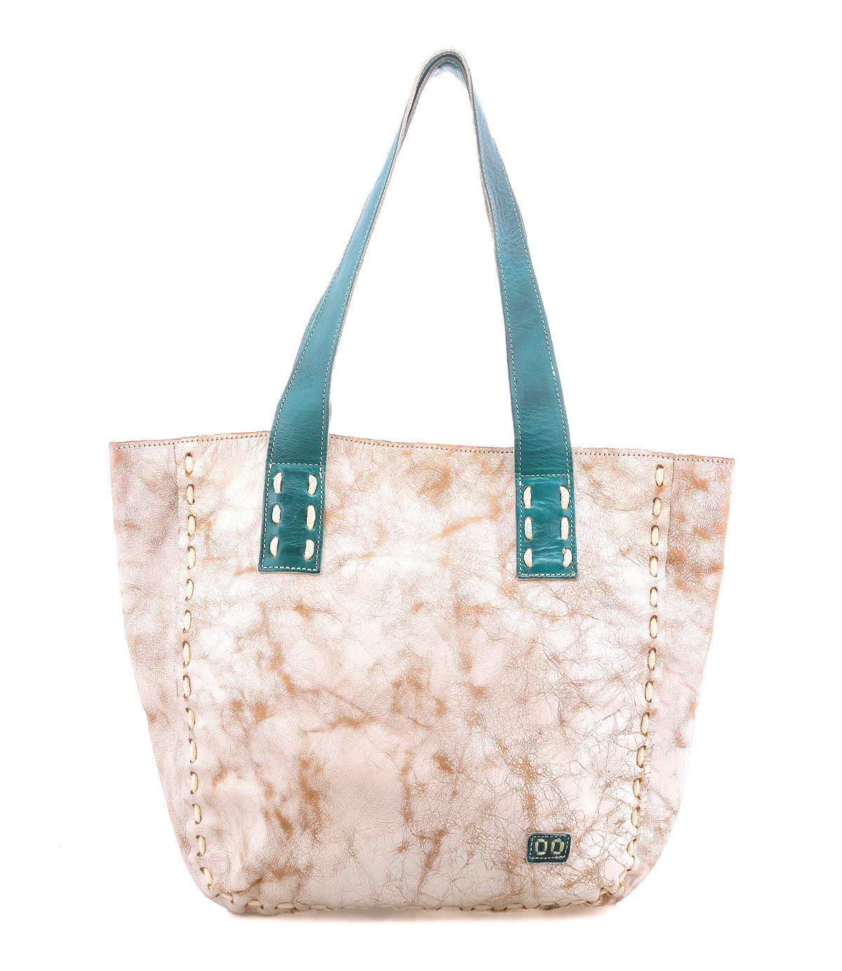 Introducing Stevie by Bed|Stü—a large beige and brown leather tote featuring visible stitching, a marbled texture, and striking blue-green handles. Displayed on a white background, this stylish vintage-inspired bag is perfect for everyday carry.