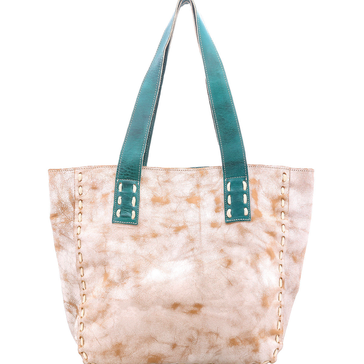 The Bed|Stü Stevie is a tan and white tie-dye tote bag featuring teal handles and decorative stitching along the sides, making it perfect as an everyday carry. Shown here against a white background.