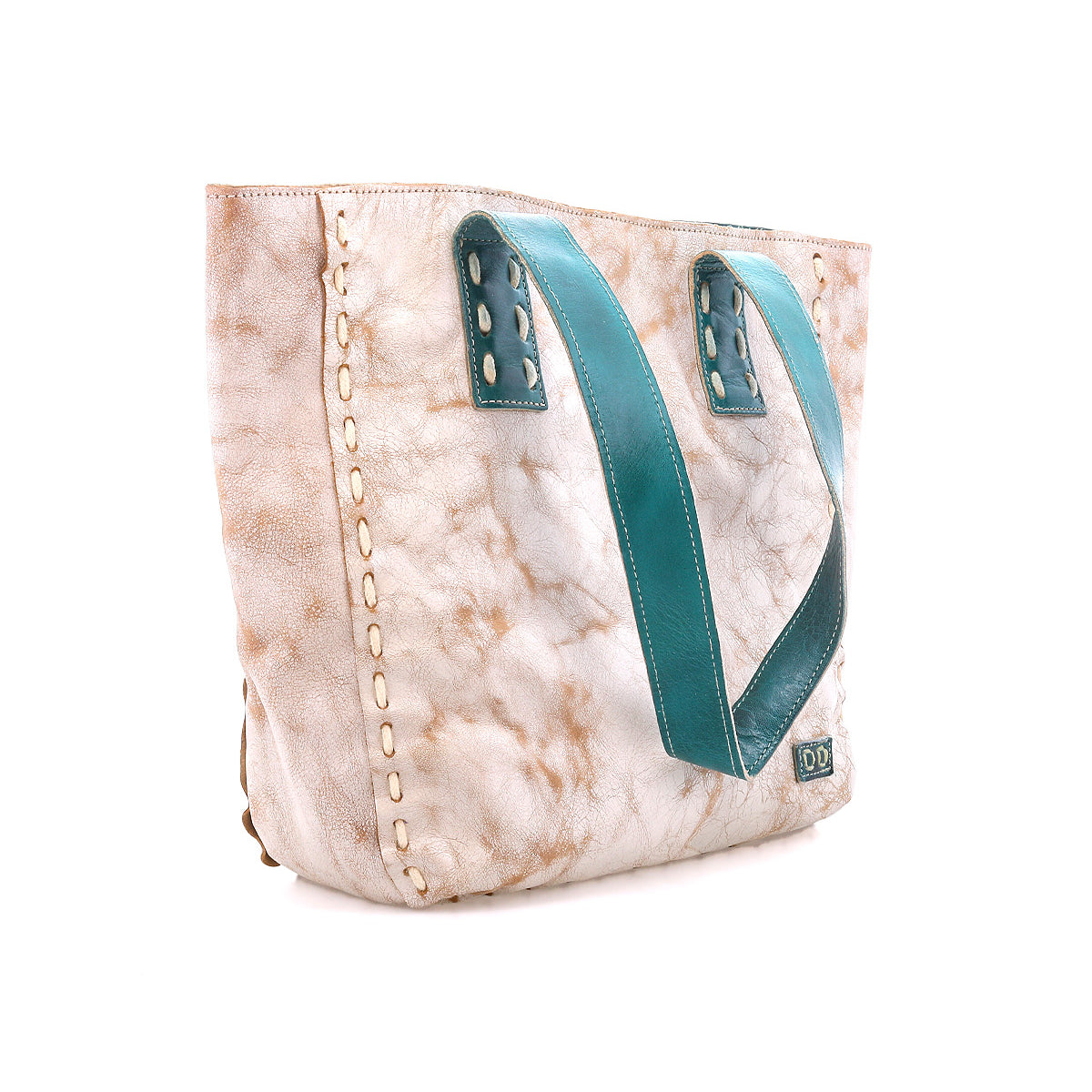 The Stevie by Bed|Stü is a beige leather tote bag featuring a marbled pattern, teal double handles, white side stitching, and a small Bed|Stü branded patch near the bottom—perfect for your everyday carry.