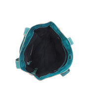 Top view of the Stevie by Bed|Stü—an empty teal leather tote featuring a black interior lining and a small side zipper pocket, combining elegance and practicality for everyday use.
