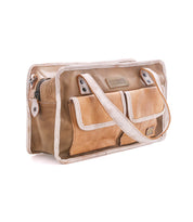 The Stuffy by Bed|Stü is a rectangular tan and beige leather shoulder bag with a structured silhouette, featuring two front pockets, a top zipper closure, and a single strap—perfect for everyday use.