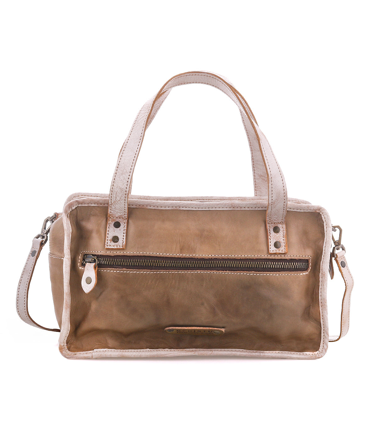 The Stuffy by Bed|Stü is a rectangular tan leather handbag featuring a structured silhouette, dual handles, a detachable shoulder strap, and a front zipper pocket—making it the perfect everyday bag.