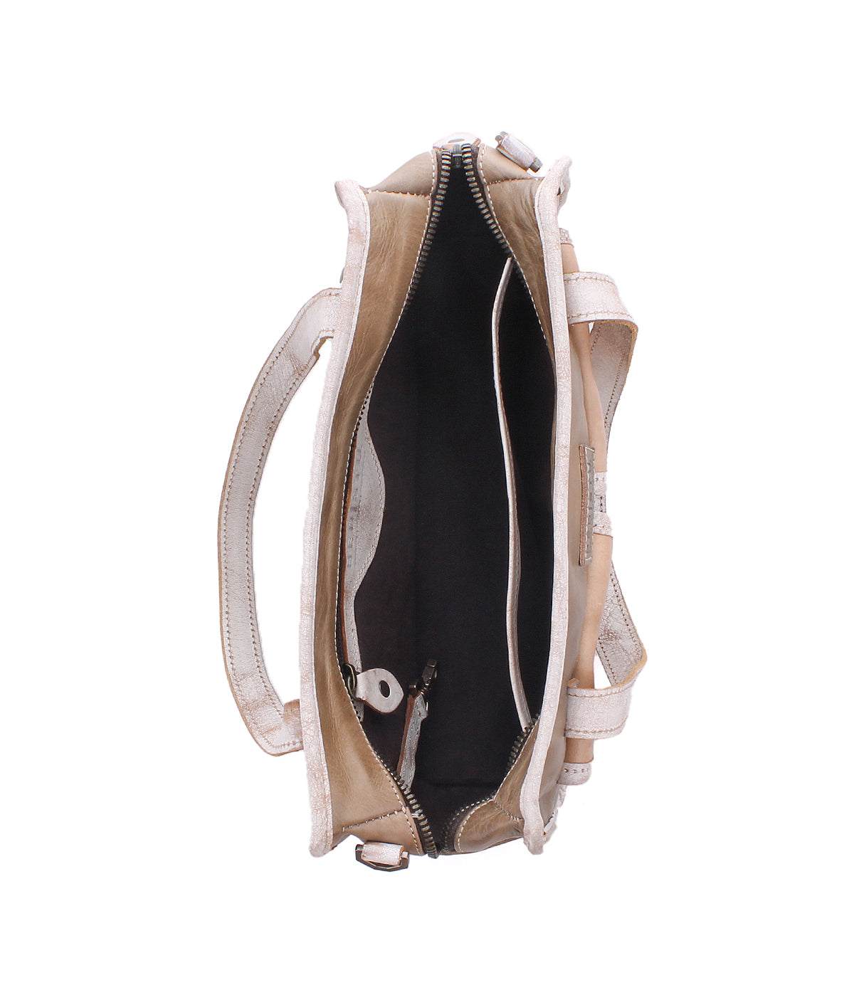 Top view of the Bed|Stü Stuffy handbag in beige, open to display two main compartments and a central zippered pocket. This everyday bag showcases a structured silhouette for stylish organization.