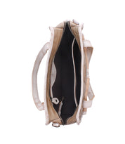 Top view of the Bed|Stü Stuffy handbag in beige, open to display two main compartments and a central zippered pocket. This everyday bag showcases a structured silhouette for stylish organization.