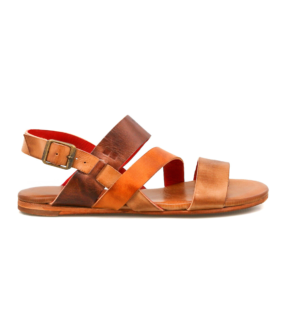 Superb by Bed|Stü is a brown leather sandal featuring an open toe, adjustable ankle strap with buckle, and a flat sole. Shown in profile view against a white background, this sandal is perfect for everyday wear.