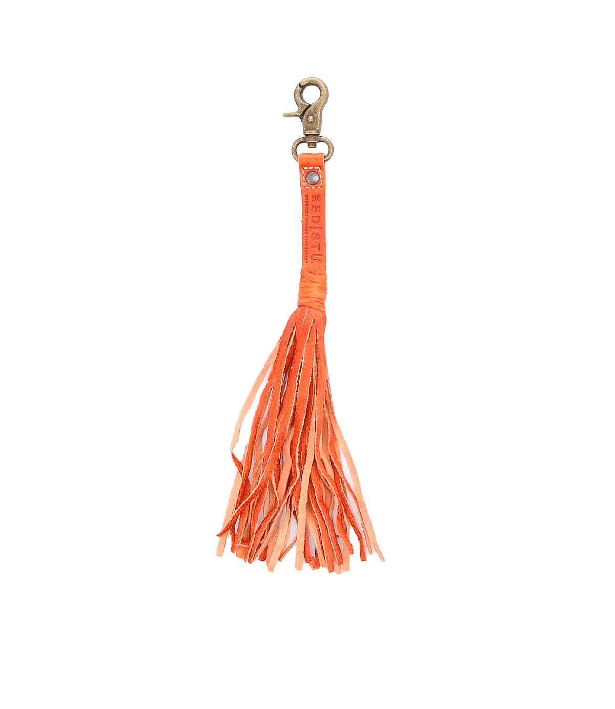 Bed|Stü Tassel Clip: An orange leather keychain charm featuring a metal clasp and multiple fringe strands, perfect as a stylish bag accessory or for attaching to your keys.