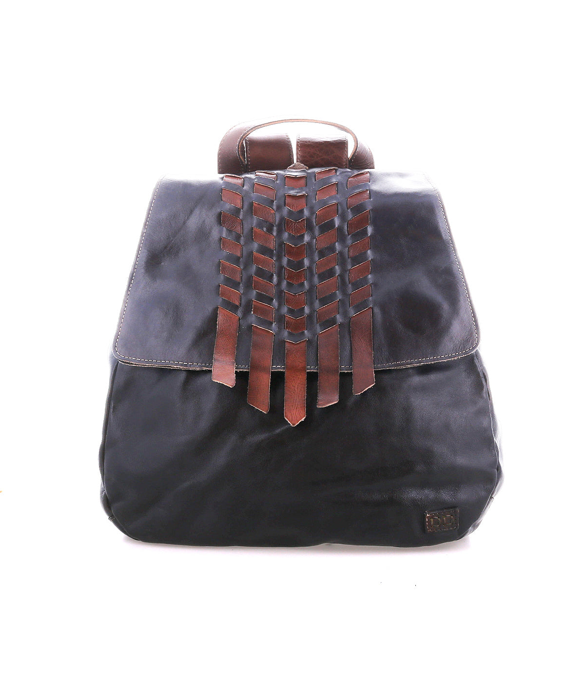 The Teji backpack by Bed|Stü is crafted from black leather with a flap cover, featuring decorative handwoven brown leather accents on the front and a small logo patch in the lower corner, blending artisanal charm with timeless style.