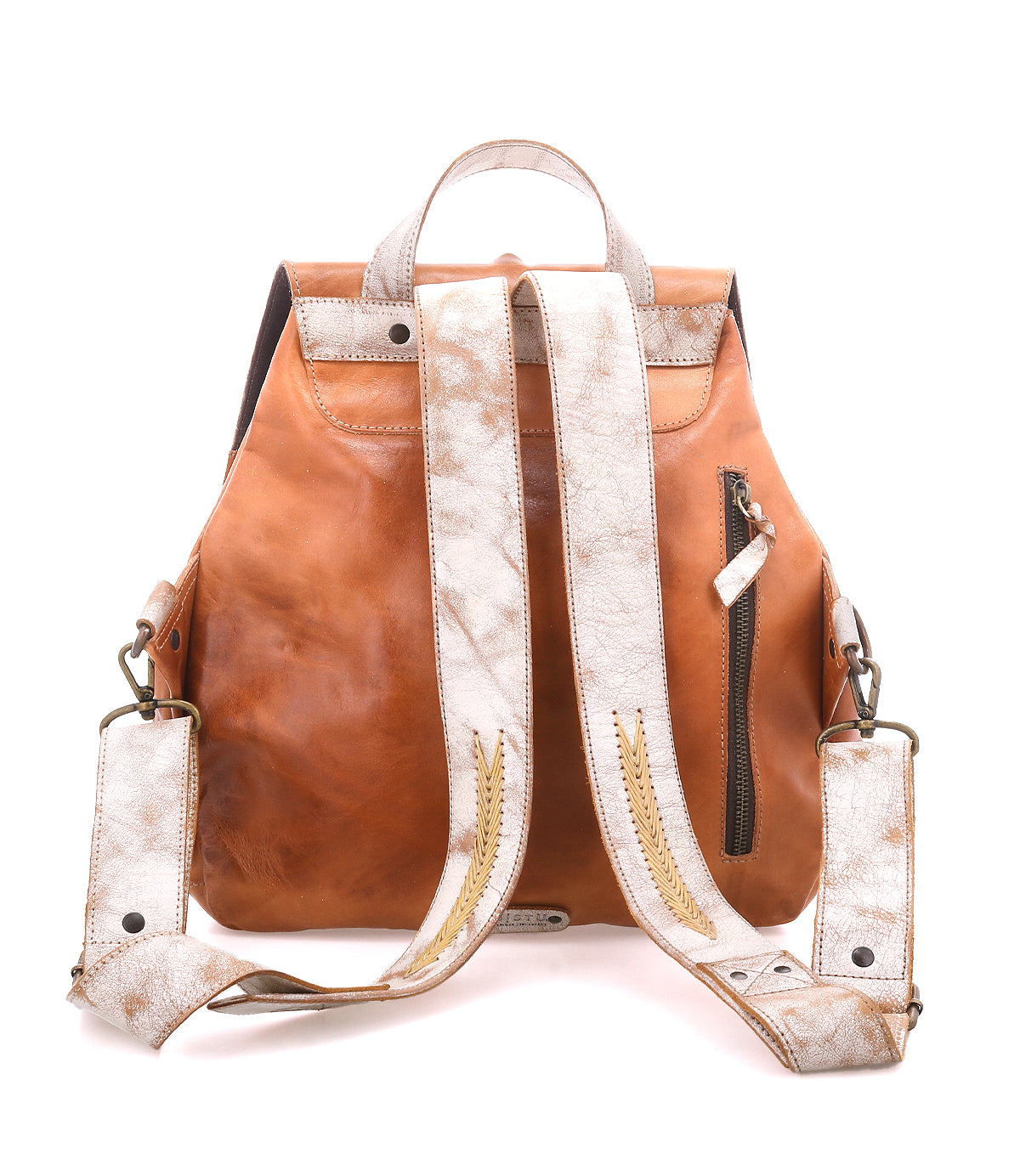 The Teji by Bed|Stü is a brown leather backpack featuring white, textured straps, a back zipper pocket, top handle, and metal hardware. Its slouchy silhouette blends the relaxed style of a shoulder bag. Photographed against a white background.