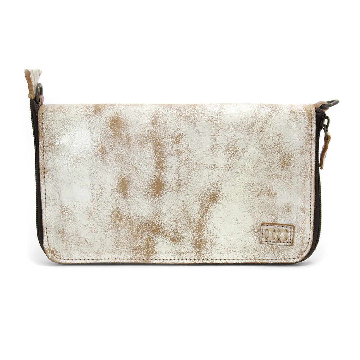 The Bed|Stü Templeton II is a rectangular wallet in distressed white leather with a zipper closure and a small flap on the left side, displayed against a plain white background—versatile enough to be carried as a chic clutch or tucked into your favorite leather crossbody.