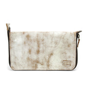 The Bed|Stü Templeton II is a rectangular wallet in distressed white leather with a zipper closure and a small flap on the left side, displayed against a plain white background—versatile enough to be carried as a chic clutch or tucked into your favorite leather crossbody.