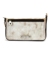 Crafted from distressed white leather, the Bed|Stü Templeton II wallet features a front zipper pocket with a metal pull and a visible Bed|Stü brand label at the bottom center; this versatile accessory can also double as a stylish clutch.