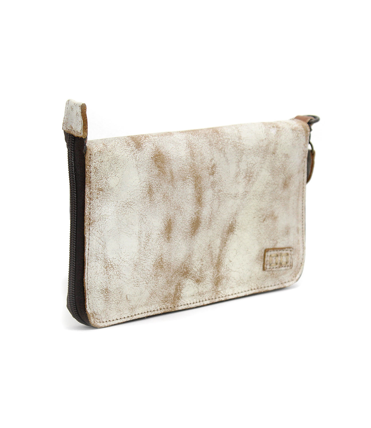 The Templeton II by Bed|Stü is a rectangular clutch crafted from distressed beige leather, featuring a zipper closure and a small stitched label on one side, shown against a white background.
