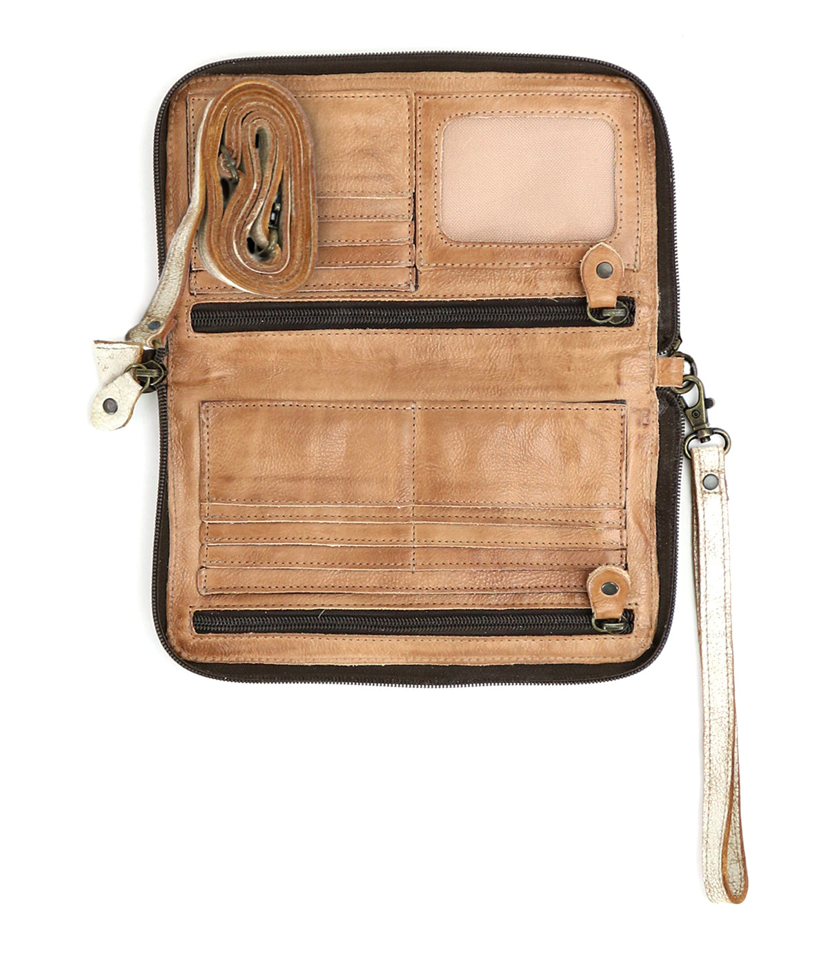 The Bed|Stü Templeton II open tan leather clutch wallet features multiple card slots, two zippered compartments, a clear ID window, and an attached wrist strap, shown against a white background.