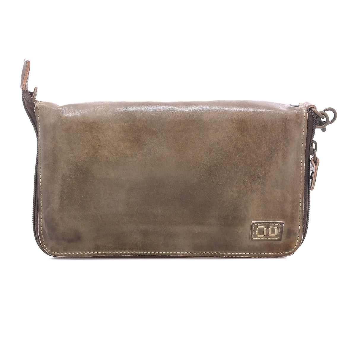 Templeton II by Bed|Stü—a brown leather zippered pouch featuring a small stitched logo patch in the bottom right corner—designed to function perfectly as a clutch or wallet, photographed on a white background.