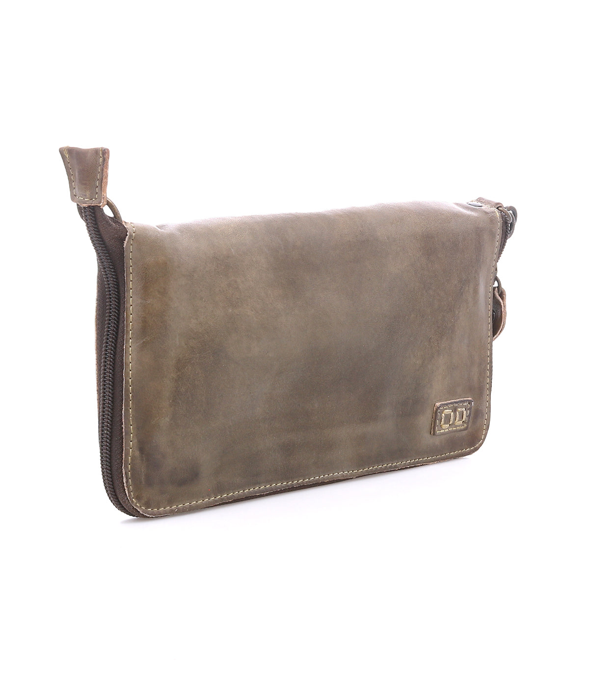 The Templeton II by Bed|Stü is a brown leather zippered pouch featuring a subtle stitched logo in the bottom right corner, ideal for use as a minimalist wallet or clutch, shown here against a white background.