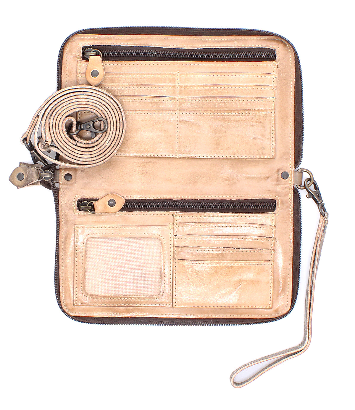 Introducing the Templeton II by Bed|Stü: an open tan leather wallet featuring multiple card slots, two zippered compartments, a clear ID window, and a detachable matching strap coiled on the left—perfect for use as a stylish leather crossbody or clutch.