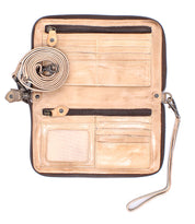 Introducing the Templeton II by Bed|Stü: an open tan leather wallet featuring multiple card slots, two zippered compartments, a clear ID window, and a detachable matching strap coiled on the left—perfect for use as a stylish leather crossbody or clutch.