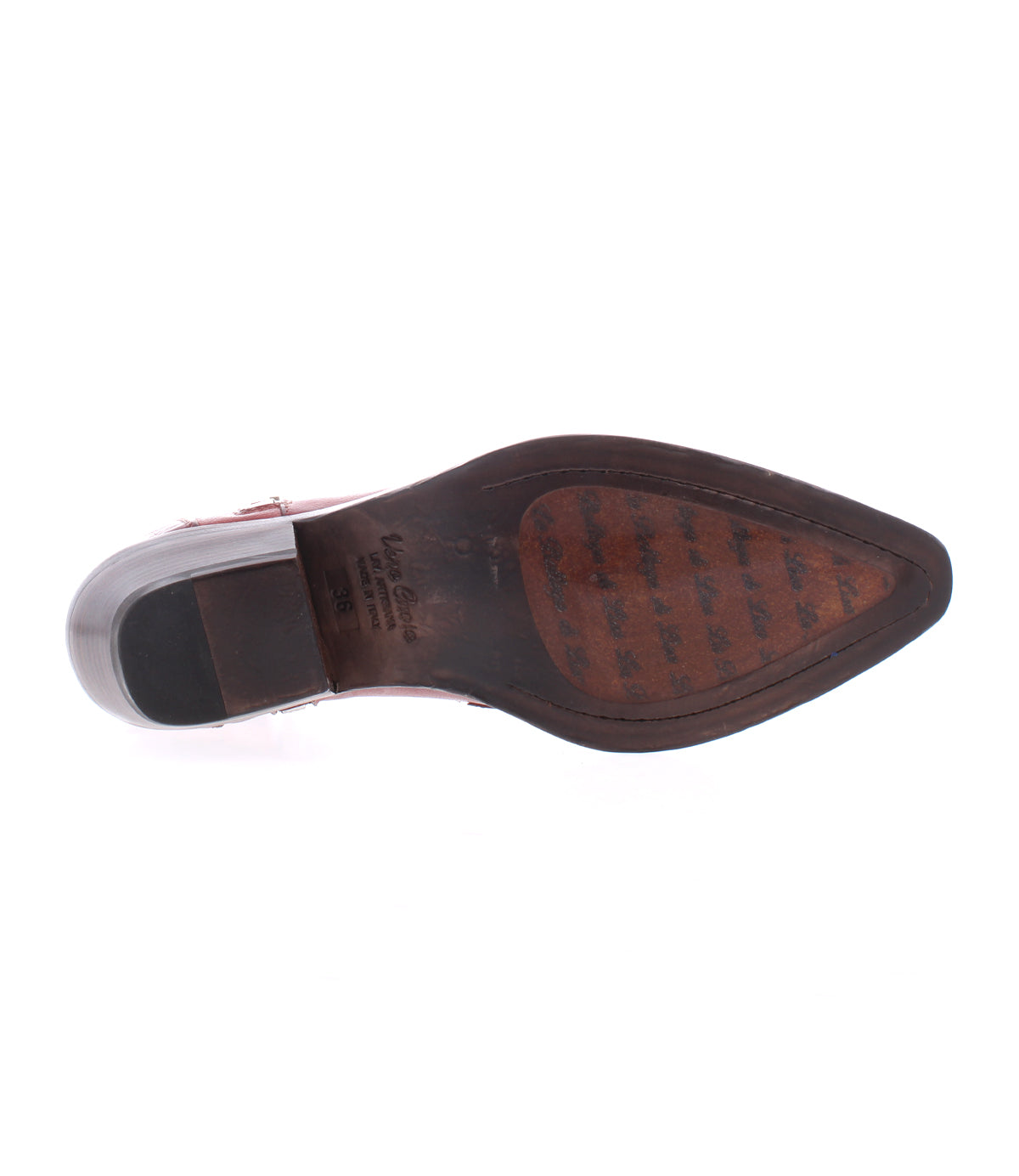 The image shows the sole of the Tentativa by Bed|Stü, a pointed dress shoe featuring a low, stacked heel in dark brown, with visible Bed|Stü brand markings on the arch and ball of the foot area.