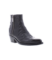 Bed|Stü Tentativa is a black leather ankle boot featuring a side zipper, low stacked heel, and decorative stitched pattern on the upper, all inspired by a vintage Western aesthetic.