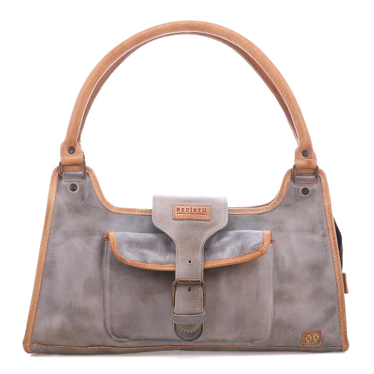 Bed|Stü’s Unbending handbag, crafted in gray washed leather with a spacious tan handle, features a front buckle pocket and tan trim. Shown against a white background, this versatile shoulder bag is perfect for everyday work use.