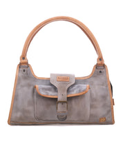 Bed|Stü’s Unbending handbag, crafted in gray washed leather with a spacious tan handle, features a front buckle pocket and tan trim. Shown against a white background, this versatile shoulder bag is perfect for everyday work use.
