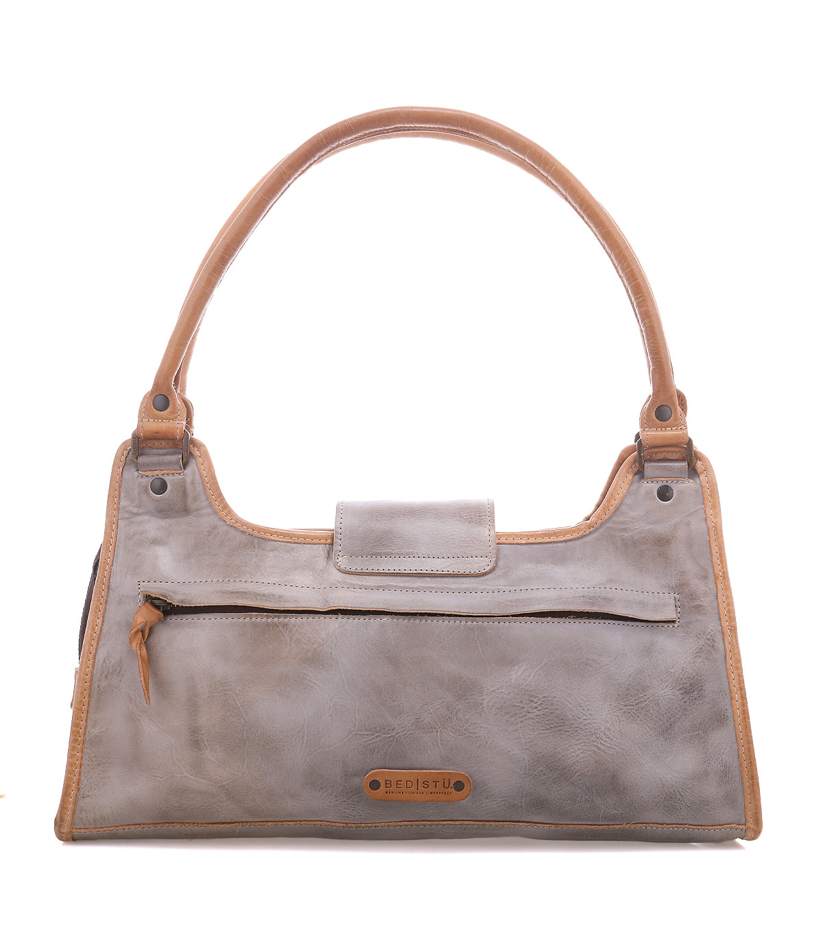 The Unbending by Bed|Stü is a rectangular handbag in light gray washed leather with tan handles and trim, featuring a front zipper pocket and a flap closure—perfect as a stylish work-bag.
