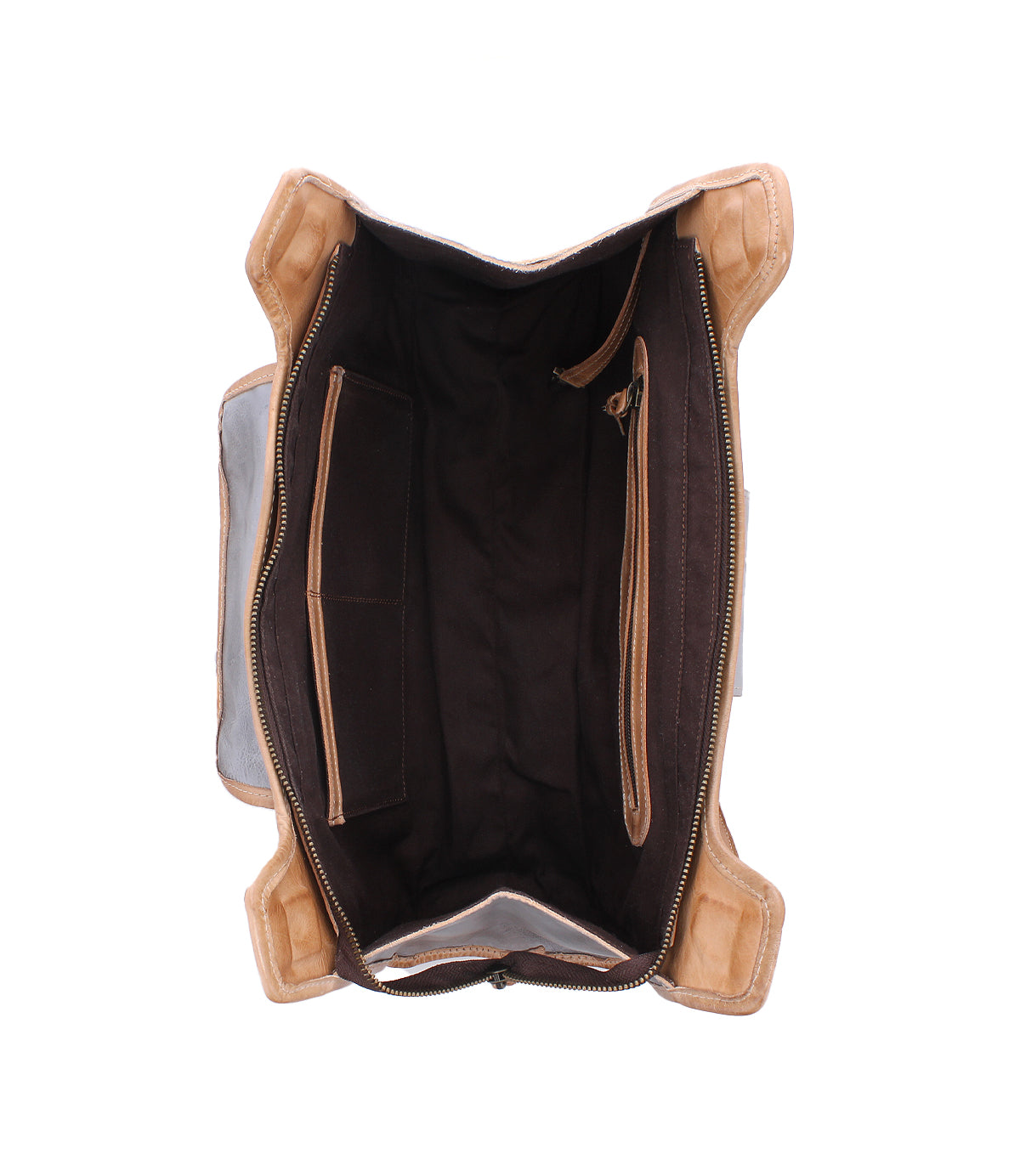 Top view of an open Bed|Stü Unbending shoulder bag in brown washed leather with beige trim, revealing a spacious interior, a zippered pocket, and an open side pocket—perfect as a stylish work-bag.