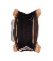 Top view of an open Bed|Stü Unbending shoulder bag in brown washed leather with beige trim, revealing a spacious interior, a zippered pocket, and an open side pocket—perfect as a stylish work-bag.
