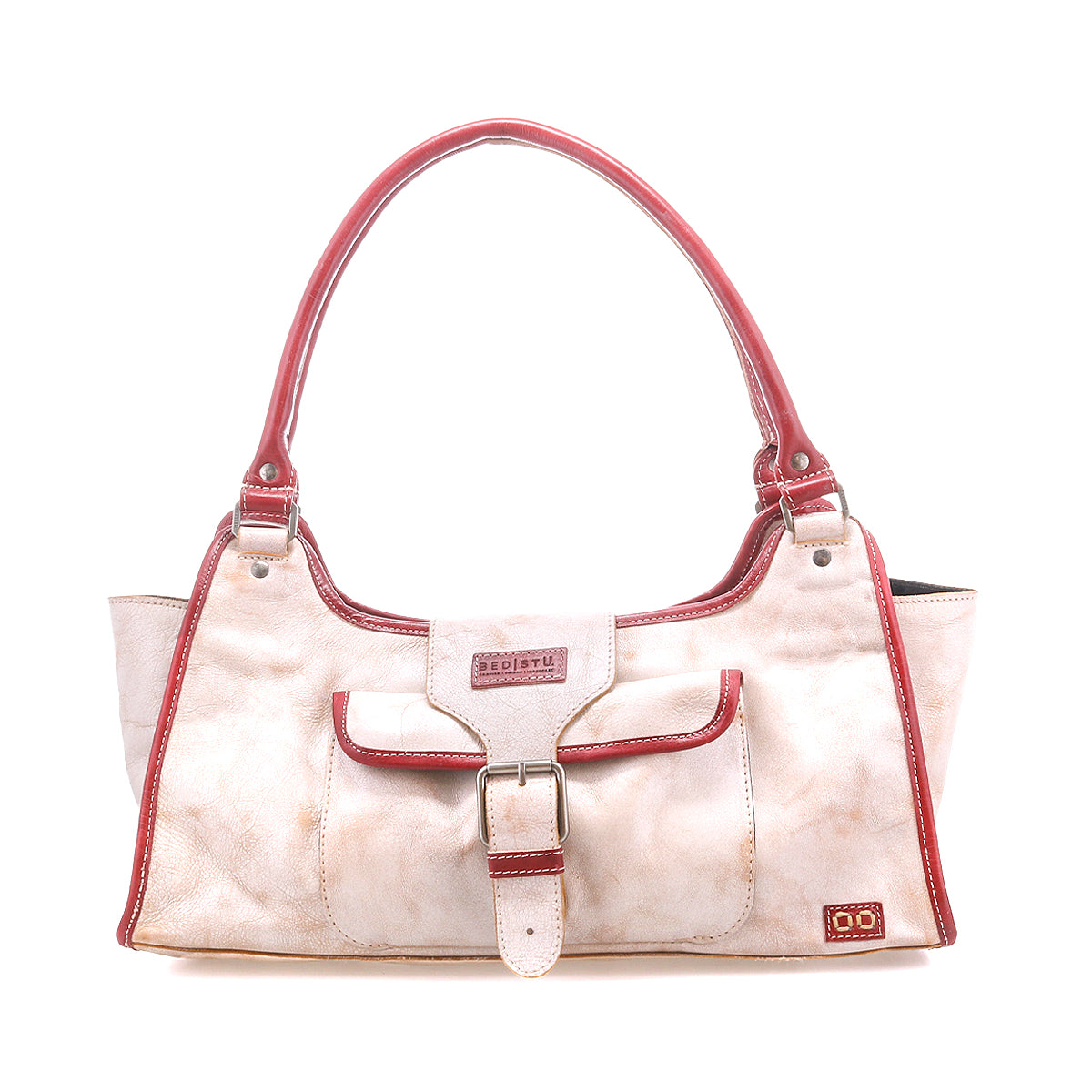The Bed|Stü Unbending handbag in beige washed leather features red trim, shoulder straps, a front buckle pocket, and a small logo patch on the bottom right corner—an ideal stylish work-bag—shown against a white background.