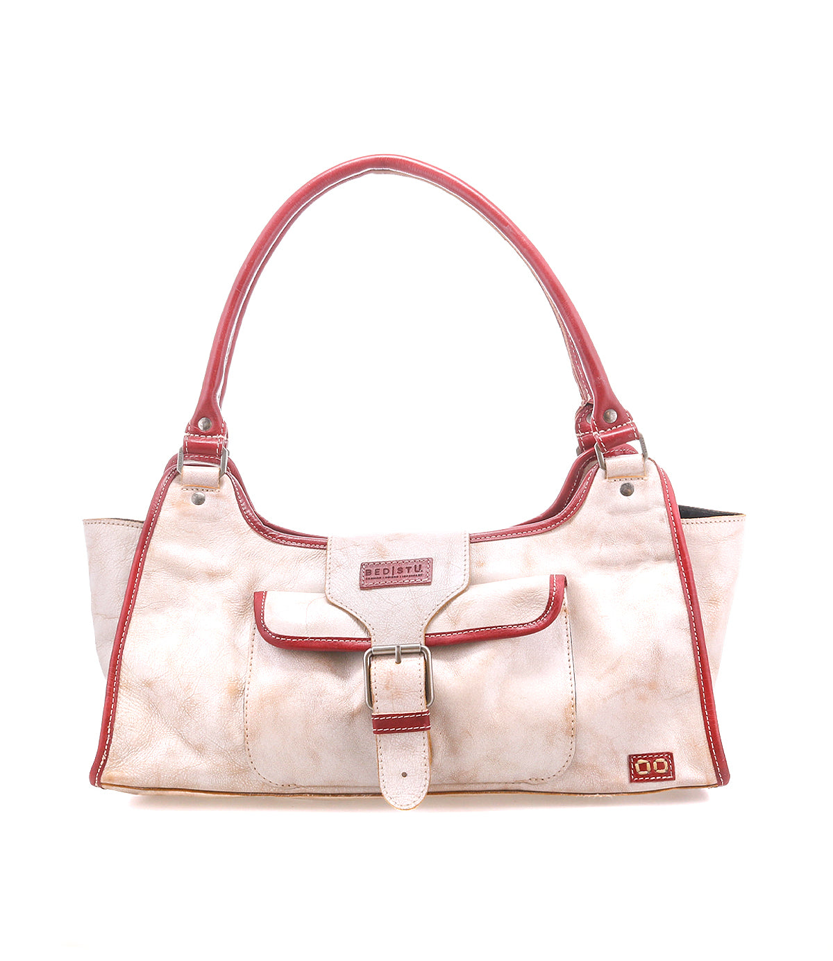 The Bed|Stü Unbending handbag in beige washed leather features red trim, shoulder straps, a front buckle pocket, and a small logo patch on the bottom right corner—an ideal stylish work-bag—shown against a white background.