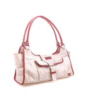 Unbending by Bed|Stü is a cream-colored washed leather handbag featuring red trim, a front flap with a large buckle, double handles for versatile use as either a work bag or shoulder bag, and a small metal logo on the lower right corner, shown against a white background.