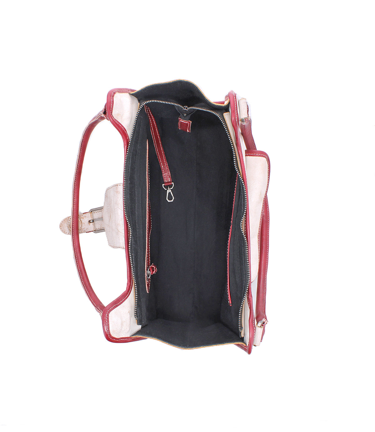 Open top view of the Bed|Stü Unbending washed leather shoulder bag in beige and red, featuring a black interior with a zippered pocket, multiple open compartments, and a key holder clip—making it the perfect stylish work bag.