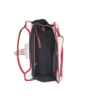 Open top view of the Bed|Stü Unbending washed leather shoulder bag in beige and red, featuring a black interior with a zippered pocket, multiple open compartments, and a key holder clip—making it the perfect stylish work bag.