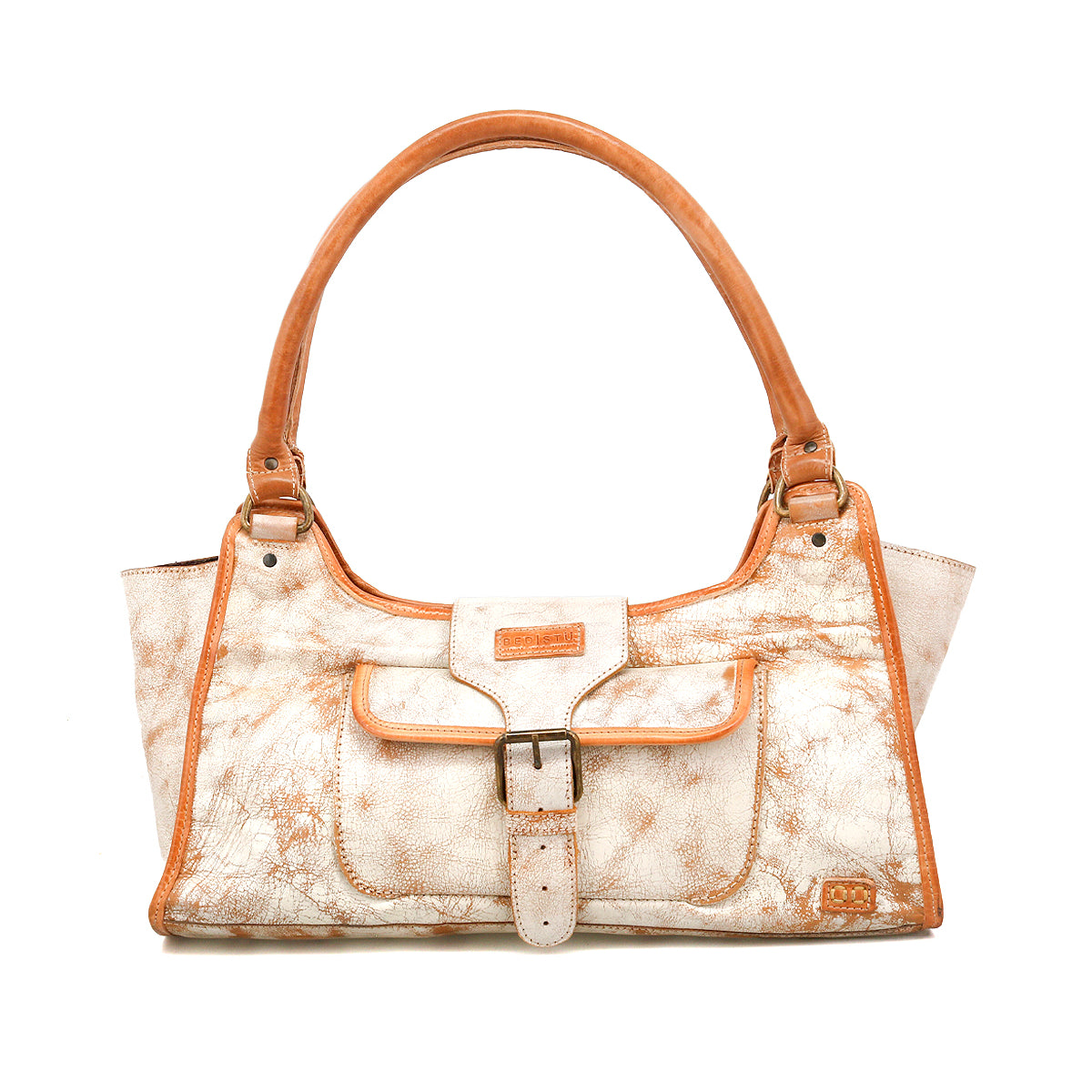 The Unbending by Bed|Stü is a beige washed leather handbag featuring brown trim, dual handles, a front pocket with buckle closure, and a marbled texture—ideal as a chic shoulder bag or versatile work-bag.