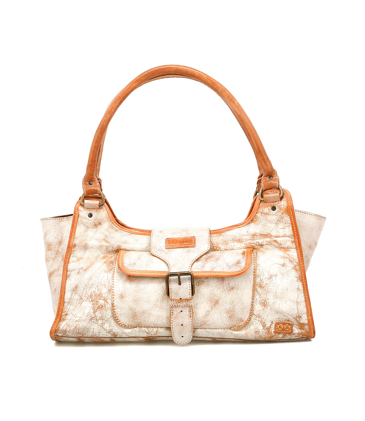 The Unbending by Bed|Stü is a beige washed leather handbag featuring brown trim, dual handles, a front pocket with buckle closure, and a marbled texture—ideal as a chic shoulder bag or versatile work-bag.