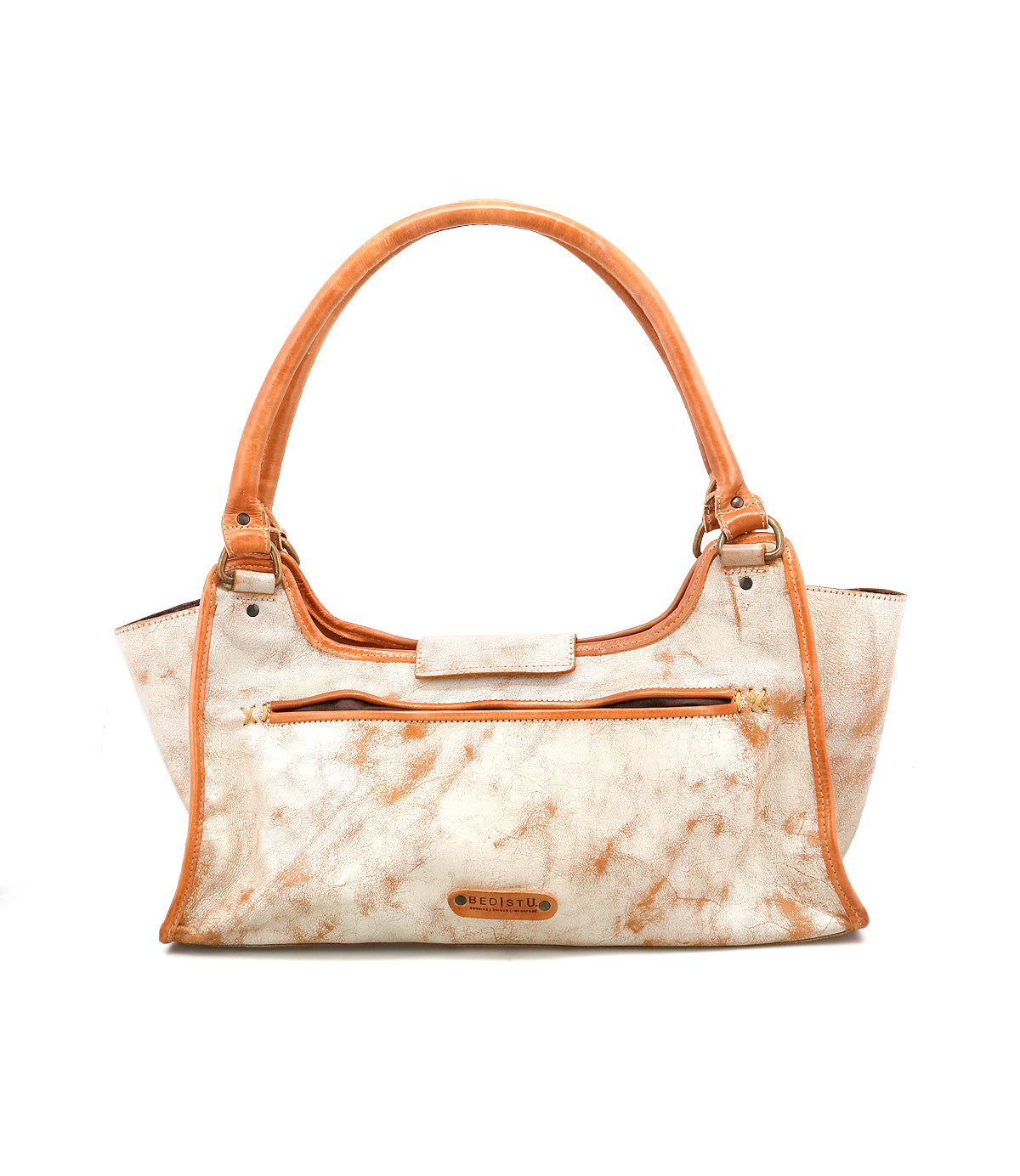 The Bed|Stü "Unbending" handbag, crafted from beige and tan washed leather, features dual handles, a front zipper pocket, and a rectangular silhouette—shown on a white background—making it an ideal choice for a stylish work or shoulder bag.
