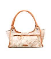 The Bed|Stü "Unbending" handbag, crafted from beige and tan washed leather, features dual handles, a front zipper pocket, and a rectangular silhouette—shown on a white background—making it an ideal choice for a stylish work or shoulder bag.