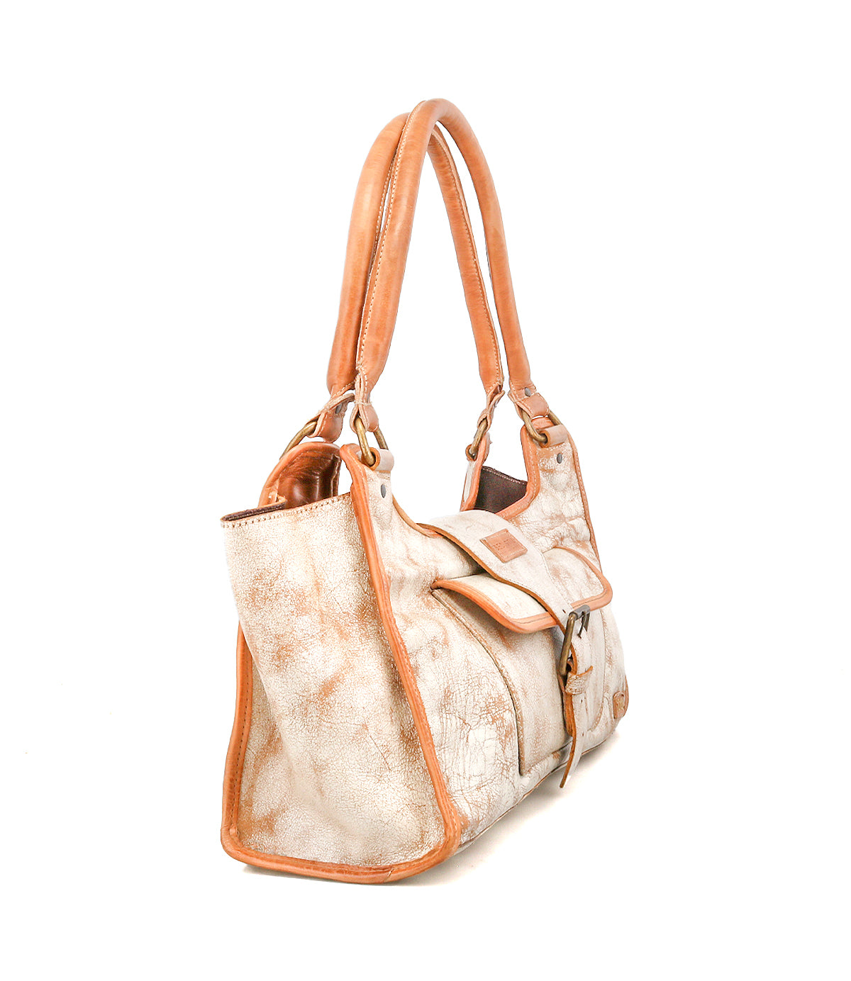 The Bed|Stü Unbending is a tan and beige washed leather handbag featuring double handles, a side pocket, and a front flap closure, displayed at an angle against a white background—making it the perfect versatile work-bag or stylish shoulder bag for everyday use.