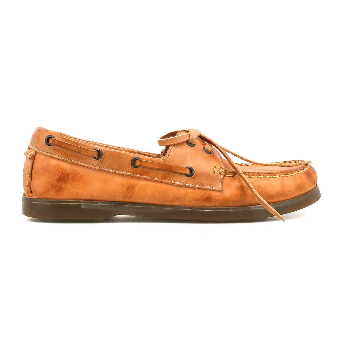 The Uncle Floyd by Bed|Stü is a brown hand-finished leather boat shoe featuring visible moc-toe stitching, lace details, and a flat dark sole, displayed in side profile against a white background.