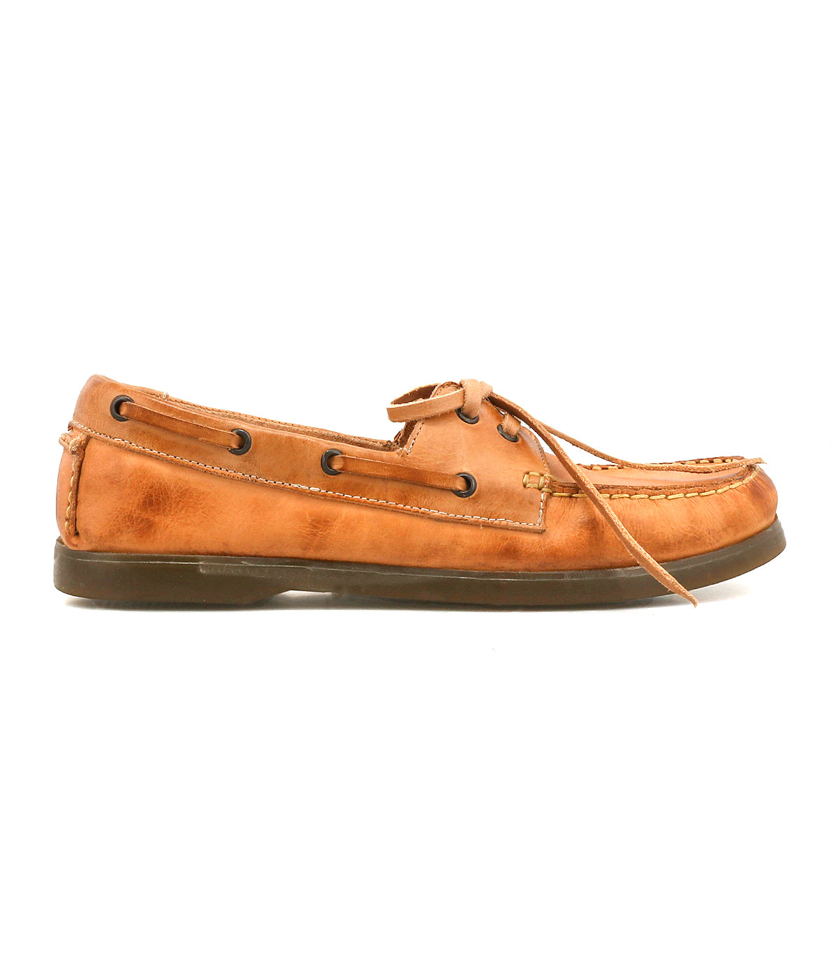 The Uncle Floyd by Bed|Stü is a brown hand-finished leather boat shoe featuring visible moc-toe stitching, lace details, and a flat dark sole, displayed in side profile against a white background.