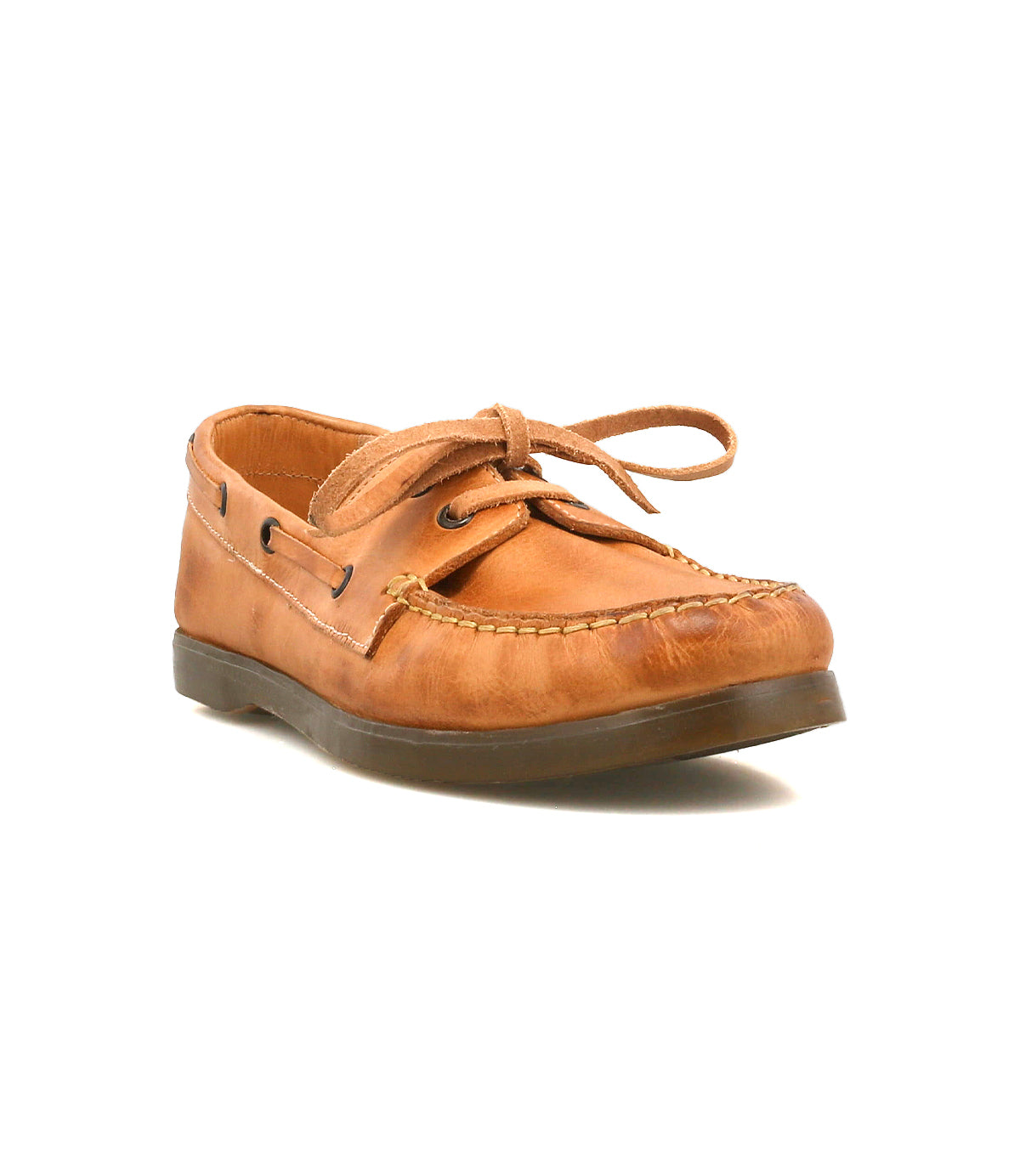 The Bed|Stü Uncle Floyd is a tan leather boat shoe featuring hand-finished leather, visible moc-toe stitching, brown sole and laces, shown from a front-side angle on a white background.