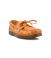 The Bed|Stü Uncle Floyd is a tan leather boat shoe featuring hand-finished leather, visible moc-toe stitching, brown sole and laces, shown from a front-side angle on a white background.