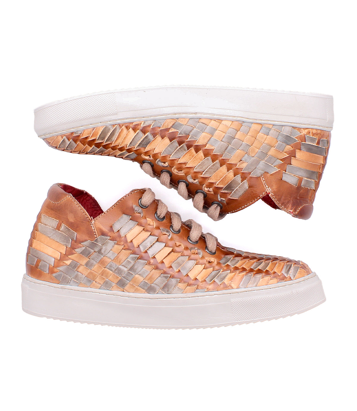 Two comfortable Bed|Stü Unwavering sneakers with woven metallic gold and silver uppers, white soles, and brown laces are displayed side by side against a white background.