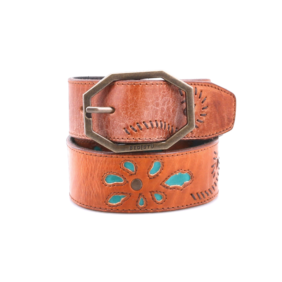 The Upswing II by Bed|Stü, a handcrafted leather belt featuring decorative cutouts that reveal turquoise accents and finished with a hexagonal metal buckle, is coiled on a white background.