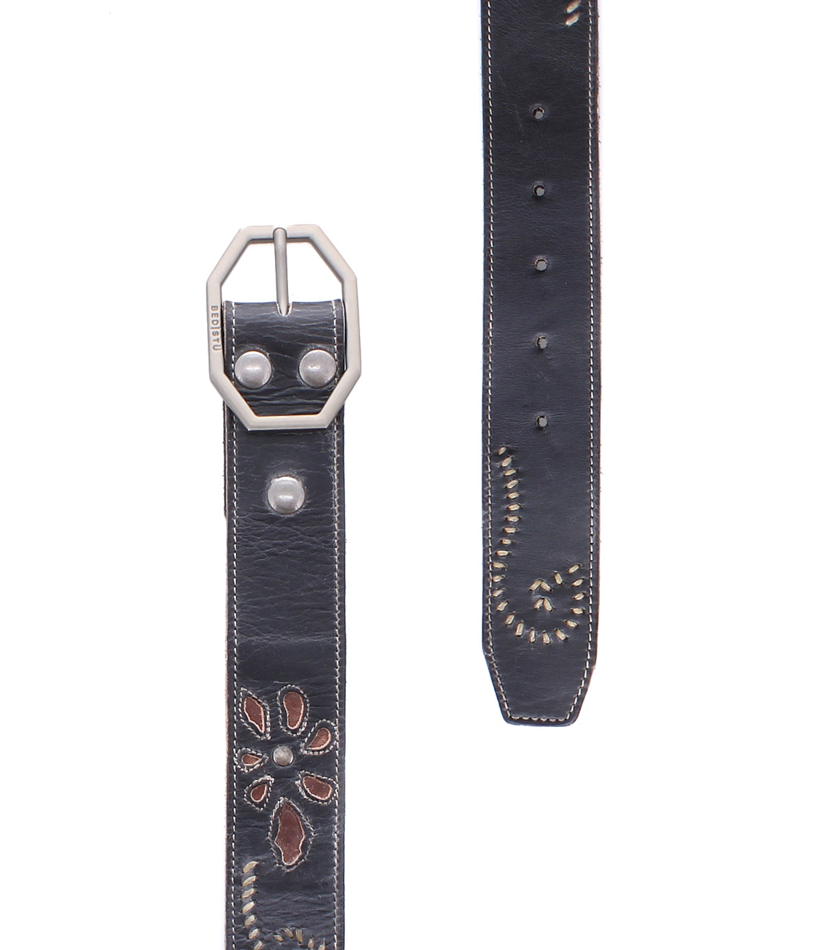 Bed|Stü's Upswing II is a black leather belt with a silver buckle, featuring a floral cutout design, stitched edges, and metal rivet accents—an artisanal accessory perfect for elevating any look.