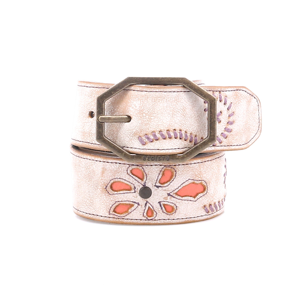 The Upswing II by Bed|Stü is a beautifully handcrafted beige leather belt, showcasing artisanal detail with its decorative floral cutout pattern accented in orange and purple stitching, and featuring an octagonal metal buckle for distinctive style.