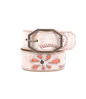 The Upswing II by Bed|Stü is a beautifully handcrafted beige leather belt, showcasing artisanal detail with its decorative floral cutout pattern accented in orange and purple stitching, and featuring an octagonal metal buckle for distinctive style.