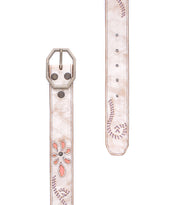 The Upswing II by Bed|Stü is a handcrafted white leather belt featuring a metal buckle, elegant floral cutout design, and stitched details in pink and purple.