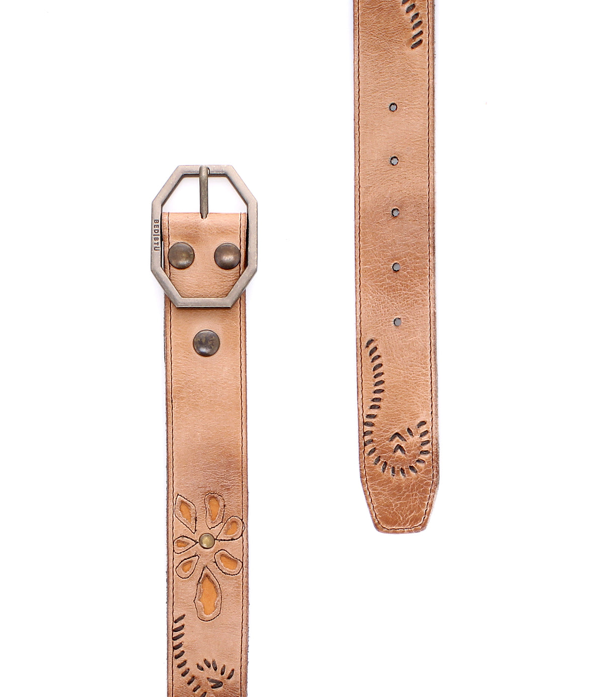 Introducing the Bed|Stü Upswing II—a light brown, handcrafted leather belt adorned with embossed floral and swirl patterns, featuring a hexagonal metal buckle and multiple adjustment holes along the strap.